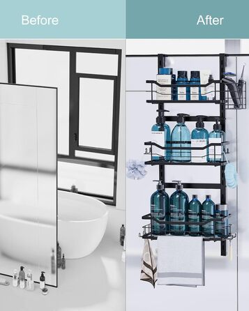 Golden Bell Shower Shelf, Over-the-Door Shower Shelf (No Drilling), Shampoo Holder for Shower, Adjustable Hanging Shower Shelf 3 Tiers Over the Door Glass Wall for Bathroom, Black