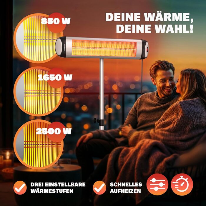 Інфрачервовий обігрівач MONZANA® MZH2501 з таймером, 2500W, 3 режими, 24 год, пульт ДУ, кут нахилу 90°, електричний, для тераси (сріблястий, з телескопічним штативом)