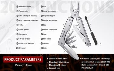 ROXON S803E Elite Update Multi-Tool - 20-Function Survival Knife with Pliers & Fire Starter | EDC Outdoor Tool