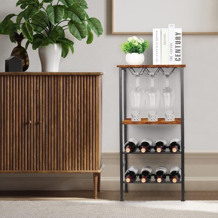 YBING Wine Rack, Freestanding, Floor Wine Bar Rack with Glass Holder and Tabletop, 8 Bottles, Wood Wine Tables with Shelves, 4 Tiers, Wine Bottle Organizer, Display Stand, Rustic Brown
