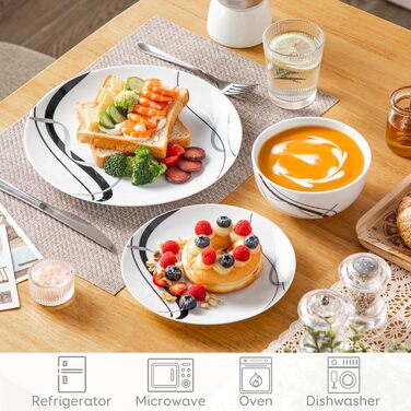 Набір посуду VEWEET FIONA для 4 осіб (12 предметів): тарілки та миски з чорними та сірими смужками, для вечері, безпечний у мікрохвильовці та посудомийній машині