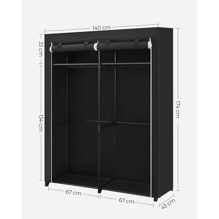 SONGMICS Storage Cabinet, Portable, with Hanging Rod, Foldable, Wardrobe, Bedroom, Office, 140 x 43 x 174 cm, RYG02GY (Black)