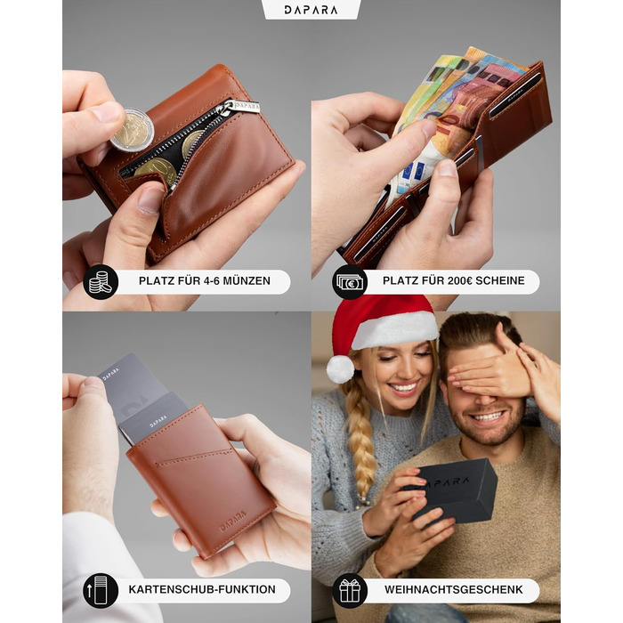 Чоловічий шкіряний гаманець Leder: тонкий, з відділенням для монет та RFID-захистом, вміщує 12 карт, колір коньяк