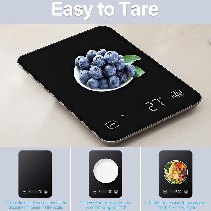 Кухонні ваги Sprifityy: цифрова вага з LCD дисплеєм та підключенням до додатку для аналізу харчової цінності та підрахунку калорій, 5 одиниць (точність 1г), чорний