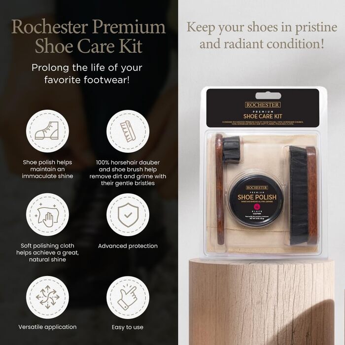 ROCHESTER Premium Shoe Care Set, Leather Shoe Care Kit with Black Shoe Cream, 100% Horsehair Dauber, 100% Horsehair Shoe Brush, and Soft Flannel Polishing Cloth, Shoe Accessories, Natural