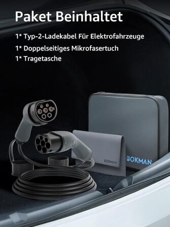 Кабель зарядки для електромобіля Bokman Typ 2, 11 кВт, 16A, 3 фази, 5 метрів, з сумкою та мікрофіброю