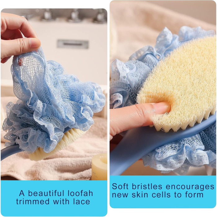 Щітка для душу з щетиною та люфою, сітчатий губка з вигнутим ергономічним руків'ям 40,6 см, для пілінгу та масажу шкіри, підходить для чоловіків та жінок (блакитна)