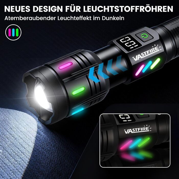 Ліхтар LED VASTFIRE 500000 люменів, тактичний, перезаряджається USB, водонепроникний, для кемпінгу, туризму, активного відпочинку, надпотужний, чорний