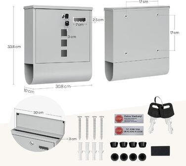 Поштовий ящик WOLTU з газетницею та оглядовим вікном, персоналізований, настінний, з замком та 2 ключами, сірий, 37x37x10.5 см