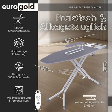 Прасувальна дошка EUROGOLD для парогенератора 130x48 см з розеткою, регульована по висоті, складана, з підкладкою для рукавів та підставкою для праски, бавовняний чохол Oeko-Tex (Сірий)