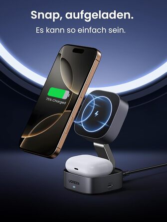 UGREEN MagFlow 2-в-1: Бездротовий зарядний пристрій MagSafe для iPhone 17/17 Air/16 Pro/16/15/14/13/12, AirPods. Складний стенд з кабелем 1м