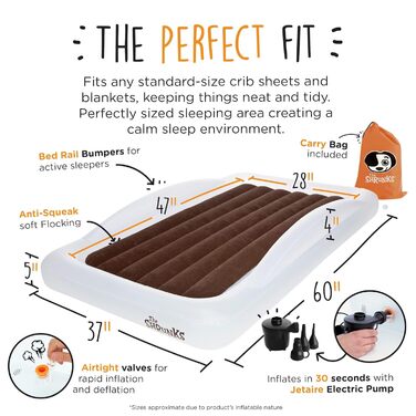 Надувне дитяче ліжко Shrunks® з бортиками - зручне для подорожей, кемпінгу та готелів. Біле/коричневе ліжко-матрац 152 x 94 см для малюків
