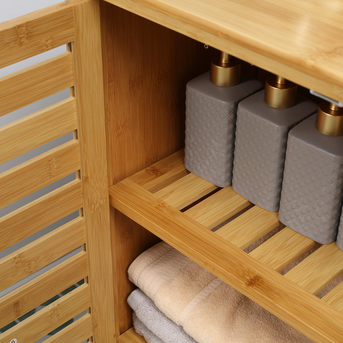Kleankin Bathroom Cabinet, Vanity Storage Cabinet, Sideboard with 2 Slatted Doors, 2 Interior Shelves, Bamboo Storage Cabinet for Bathroom, Living Room 68 x 32 x 86 cm Natural | Aosom