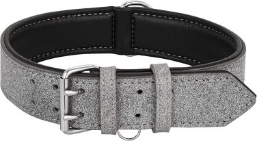 Riparo Genuine Leather Adjustable Dog Collar with Additional Reinforcement (: 4.5CM Wide for 53.4CM - 63.5CM Neck, ) (XL, Grey/White Thread)