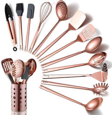 Copper Kitchen Utensils, 13-Piece Stainless Steel Cookware Set with Titanium Rose Gold Coating, Kitchen Utensil Set with Utensil Holder for Non-Stick Cookware (13 Pack)