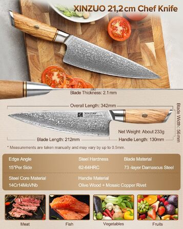 Професійний шеф-ніж XINZUO Lan Series Gyuto 21.2 см, кований дамаск із порошкової сталі (73 шари), ергономічна ручка з оливкового дерева