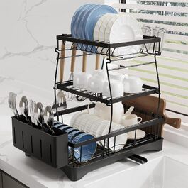 Сушарка для посуду Yissvic з нержавіючої сталі, 3-рівнева, з піддоном, тримачем для ножів та дощечкою для нарізання, поворотним виливом, чорна