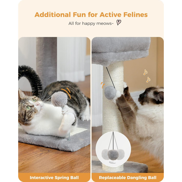 PETEPELA Small Scratching Post 51cm with Sisal Scratching Column, Scratching Board, Scratching Pad, Play Ball, Plush Cave for Kittens, Grey