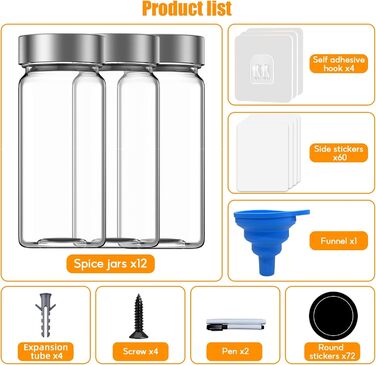 Спецівник для спецій з 24 скляних баночок та етикетками, без свердління, підвісний, для стін та шаф, органайзер для спецій, набір 4 шт. (24 баночки з нержавіючою сталлю)