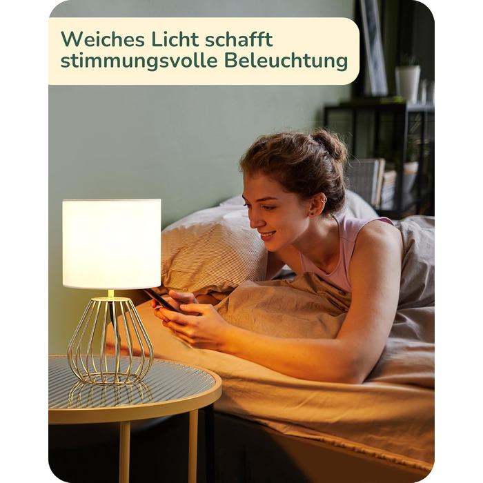 EDISHINE Настільна лампа, сучасний дизайн, індустріальний стиль, Е14 цоколь, вінтажна, для спальні/вітальні, бежево-чорна (льон + золото)