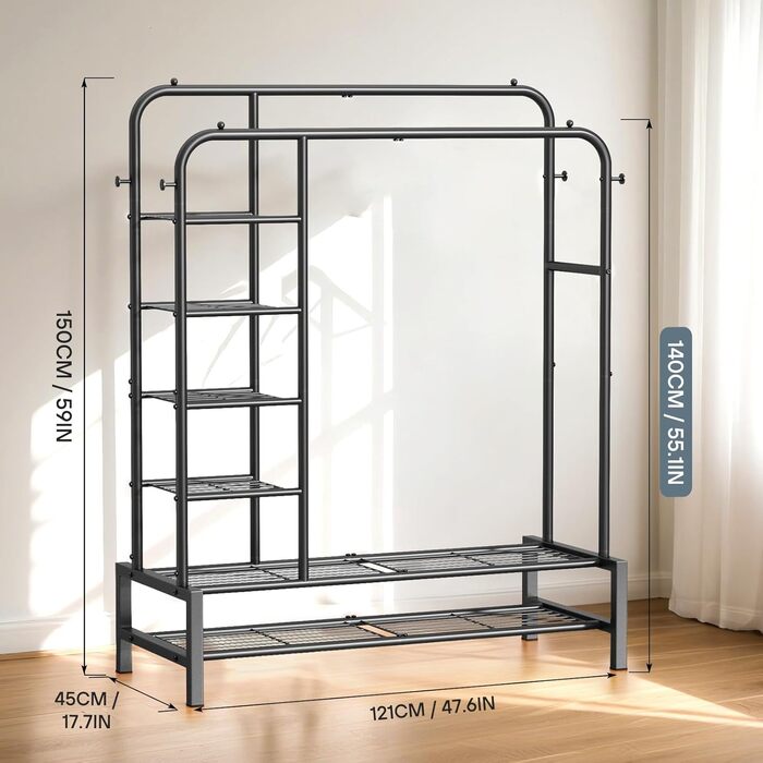 Вішалка для одягу в спальню та вітальню, подвійна, чорна - міцна конструкція 100 кг, з полицями для зберігання