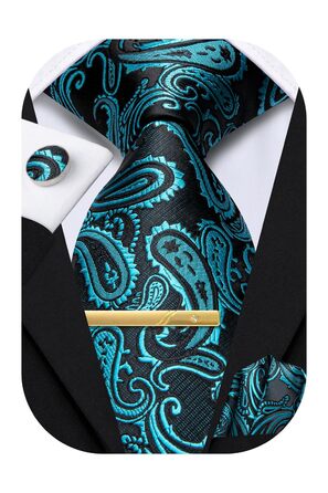 Набір краватки, нагрудного хустинки та краваткових затискачів Hi-Tie, золотий, з візерунком павлина (зелено-блакитний)
