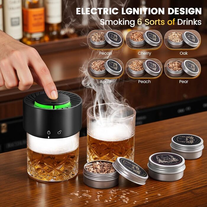 Електричний набір для копчення віскі з 2 склянками, 6 смаків дерев'яної стружки, 2 форми для кубиків льоду, для коктейлів Bourbon Old Fashioned, подарунок для чоловіків, батьків, коханих, без бутану