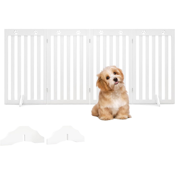 Захисний забір для собак COSTWAY 89 см, дерев'яне огорожа, дитяче ворота, розкладні, гнучкий захист, 4 панелі (білий)