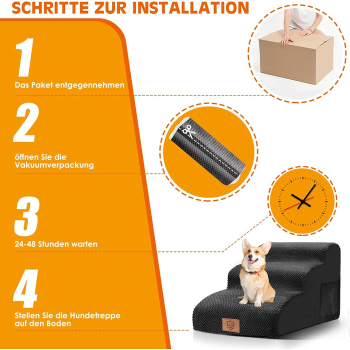 Сходинки для собак маленьких порід, 3 сходинки, 40 см, чорного кольору. Зручні та миючі сходи для собак, з неслизьким покриттям, для доступу до ліжка та дивану