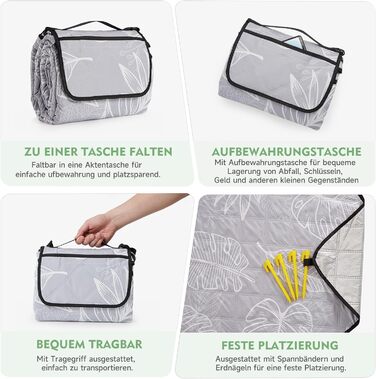 Плед для пікніка HAUSPROFI 200x300 см, водонепроникний, ізольований, XXL. Для пікніка, пляжу, кемпінгу. З бавовняним наповнювачем, ручкою для перенесення та кілочками. Змивний, зберігає форму (листя, 200x300 см)