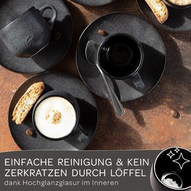 Stone Age Design Espresso Cups (6x80ml) - Espresso Cup Set with matching saucers - Espresso coffee cups made from 100% handmade - stackable cappuccino cups in black