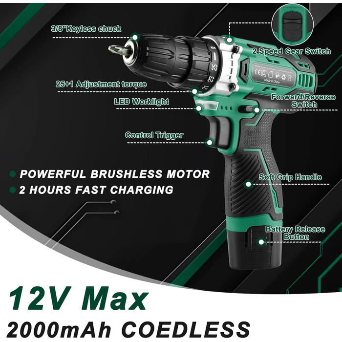 Набір інструментів TLGREEN 138 шт. з акумуляторною дриль-шуруповертом 12V для ремонту та DIY, електроінструмент