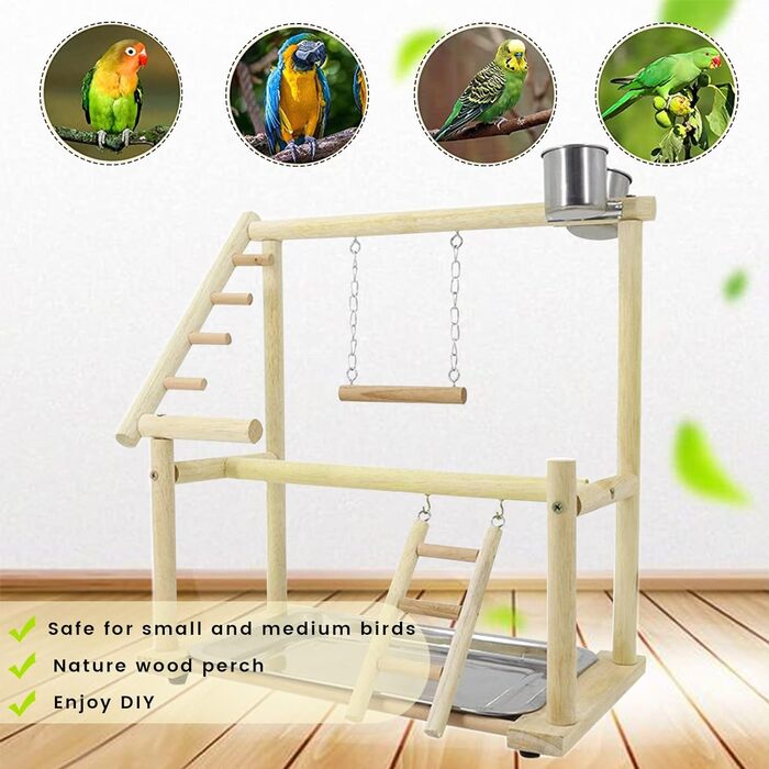 Budgie Playground Bird Playground with Feeder Cup Toy, Ladder, Climbing, Swing, and Tray for Canaries, Parakeets, Budgies, Wood, Size 45x37x26 cm #A (Wood 006)