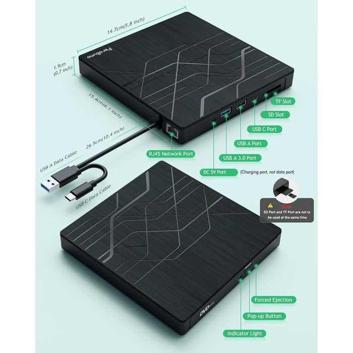 Зовнішній DVD-привід PeroBuno USB 3.0 Type-C, CD/DVD ROM +/-RW, ультратонкий оптичний накопичувач та записник для ноутбука, ПК, MacBook (Windows, Linux, macOS)