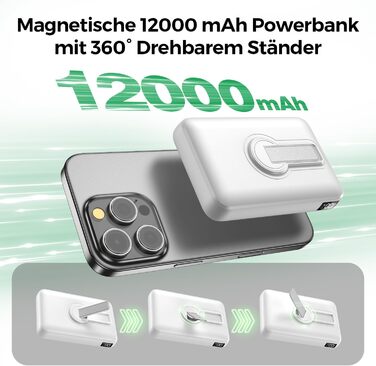 Пауербанк MagSafe, 12000mAh, 22.5W PD, USB-A, бездротова зарядка, Type-C, LED, для iPhone 17/16/15/14/13/12/Pro/Pro Max, білий