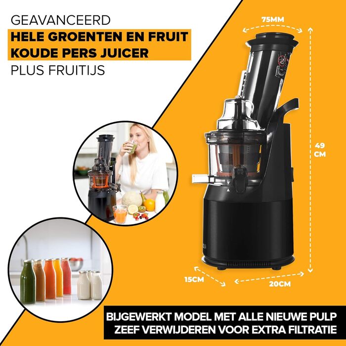 Fridja High-Performance Juicer for Whole Fruits and Vegetables, Sorbet, Ice Cream, 75mm Feed Chute with Wide Mouth, BPA-Free, 240 Watts, Cold Press, Black Stainless Steel f1900, Black