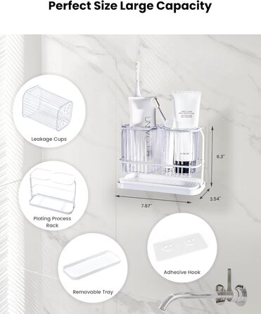 KONE Toothbrush Holder, Wall Mount, Bathroom, Hanging Electric Toothbrush Holder with 2 Removable Compartments, Drainage, Dry and Wet Separation for Bathroom, Kitchen, Family (white)