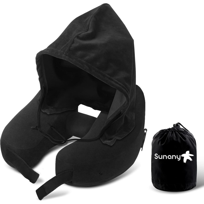 Sunany Neck Pillow Airplane with Hood, Travel Pillow for Airplane and Car Travel, Inflatable and Comfortable Travel Neck Pillow Adults, Supports Head, Neck, and Chin - Black