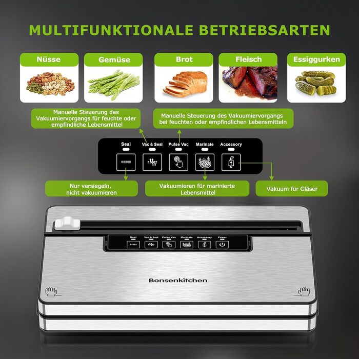 Вакуумний пакувальник Bonsenkitchen: 5 режимів, 8 л/хв, технологія Globefish, 100 пакетів, роликовий пакет