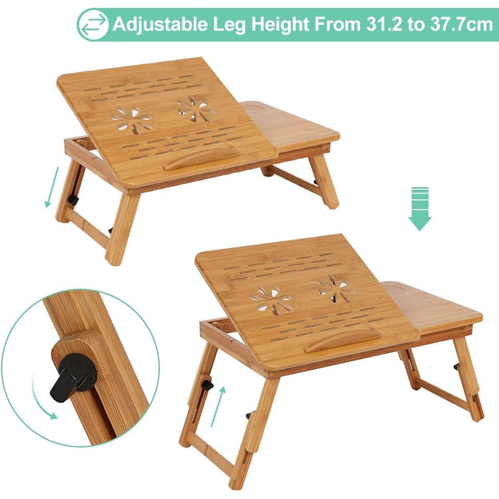 Бамбуковий стіл для ноутбука, підставка для ноутбука, регульований і складаний столик для сніданку з ящиком для школи, спальні або офісу (2)
