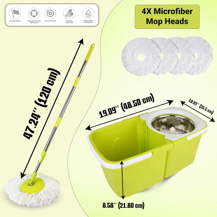 Набір для миття підлоги ARSUK з відром та механічним віджимом – набір для прибирання будинку | Відро для миття підлоги з мікрофіброю та 360° обертанням – ідеально для паркету, плитки та ламінату | 4 змінні насадки та утримувач для швабри з ароматом лимона