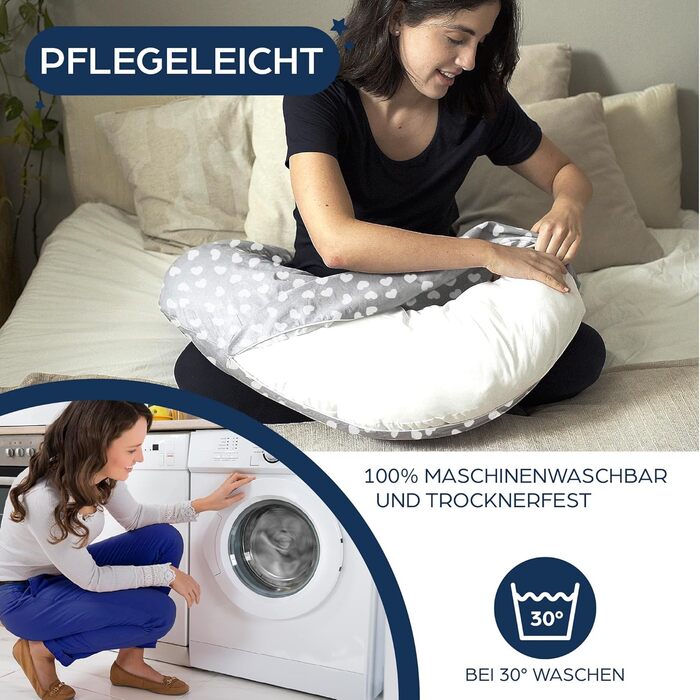Niimo 4-in-1 U-Shaped Pillow - Breastfeeding Pillow, Pregnancy Pillow, Comfort Pillow & Side Sleeper Pillow with 100% Cotton Cover, Washable (Gray with white hearts)