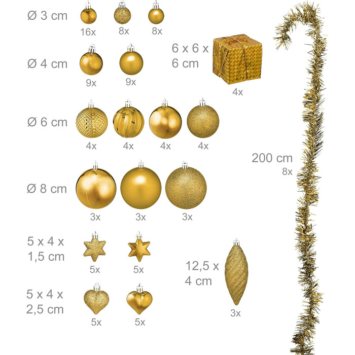 Набір прикрас для ялинки Relaxdays: 110 кульок, мішура та інше. Золотий декор для ялинки
