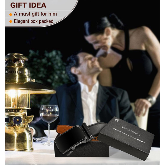 Чоловічий шкіряний ремінь KEMISANT з автоматичною пряжкою, 35 мм, без дірок, регульований розмір 115 см/32'-38'