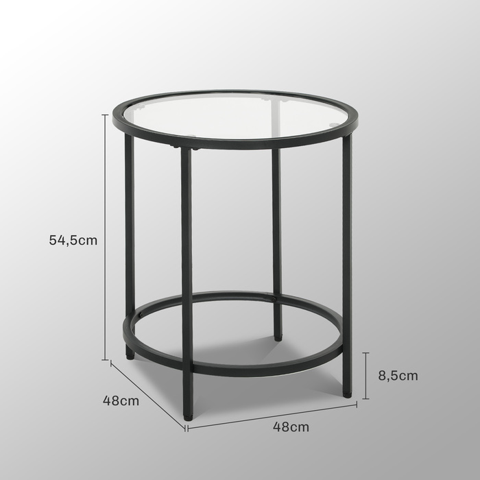 HOMCOM Side Table Round Coffee Table with Glass Tabletop, Metal Frame, Coffee Table, Nightstand for Living Room, Bedroom, Black, Ø48 x 54.7 cm | Aosom