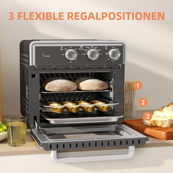HOMCOM 20L Convection Mini Oven with Baking Tray, Grill Rack, and Crumb Tray, 90°C-230°C Air Fryer with 5 Modes, Frying Basket, 60 Min. Timer, 1400W, Metal | Aosom