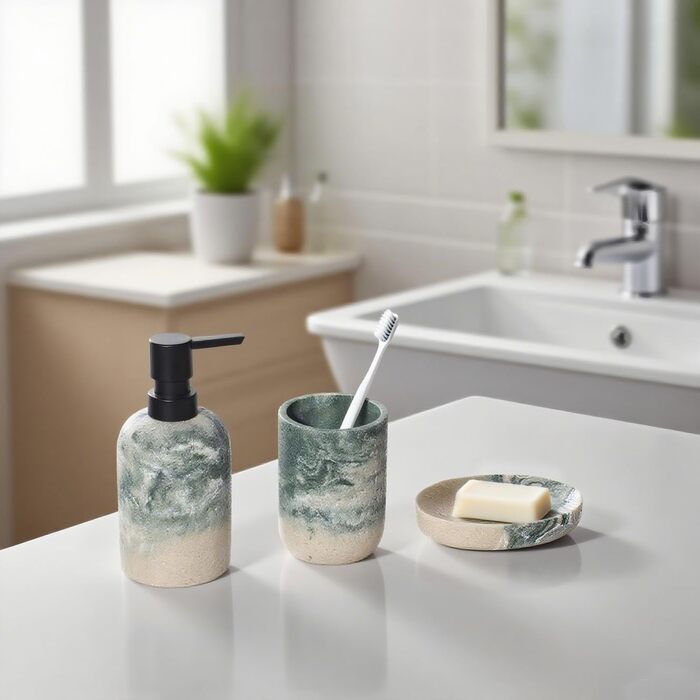 Набір для ванної кімнати 3 в 1: дозатор для мила, мильниця та тримач для зубних щіток, білий (сіро-зелений), DREI