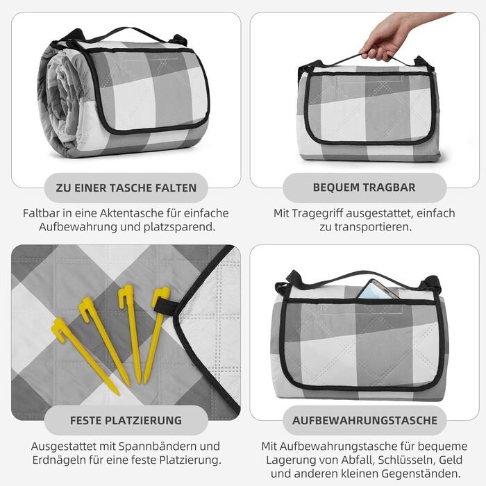 Плед для пікніка HAUSPROFI 200x200 см, водонепроникний, ізольований - великий плед для пікніка, пляжу, саду, кемпінгу. Бавовняний, з ручкою та кілочками, сіро-білий в клітинку