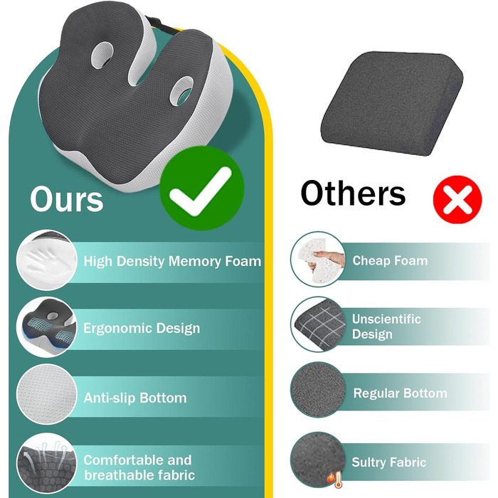 Подушка для сидіння з піною з пам'яті, ергономічна ортопедична подушка для офісного крісла, подушка для сидіння з піною з пам'яті, подушка для куприка з регульованою шириною для офісу/автомобіля, знімає біль в сідниці (темно-сірий)