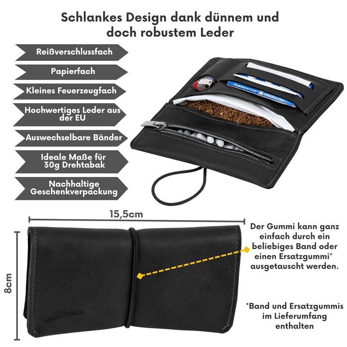 Simaru Personalized Tobacco Pouch with Engraving, Leather for 30g Tobacco Bag, Genuine Leather Rolling Pouch including Filter Compartment and Crimper Holder (Dark Gray) (Black Engraving)